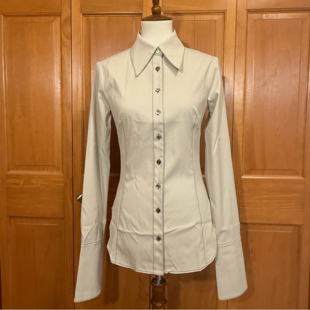 PRISCAVera Fitted Tan Contrast Stitch Button-Front Tailored Shirt